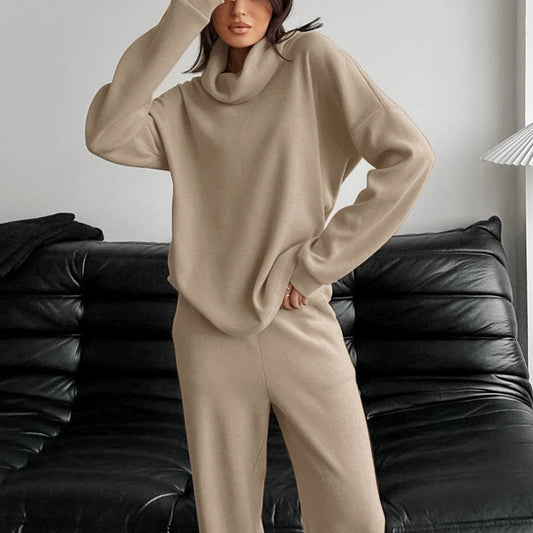 Autumn And Winter Khaki Turtleneck Knitted Sweater Suit