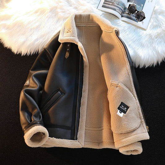 Men's Winter Fleece-Lined Thickened Kamela PU Leather Lamb Wool Integrated Cotton Jacket