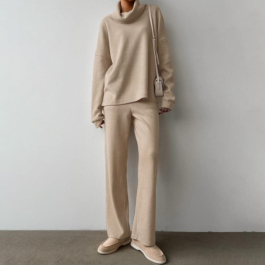 Autumn And Winter Khaki Turtleneck Knitted Sweater Suit