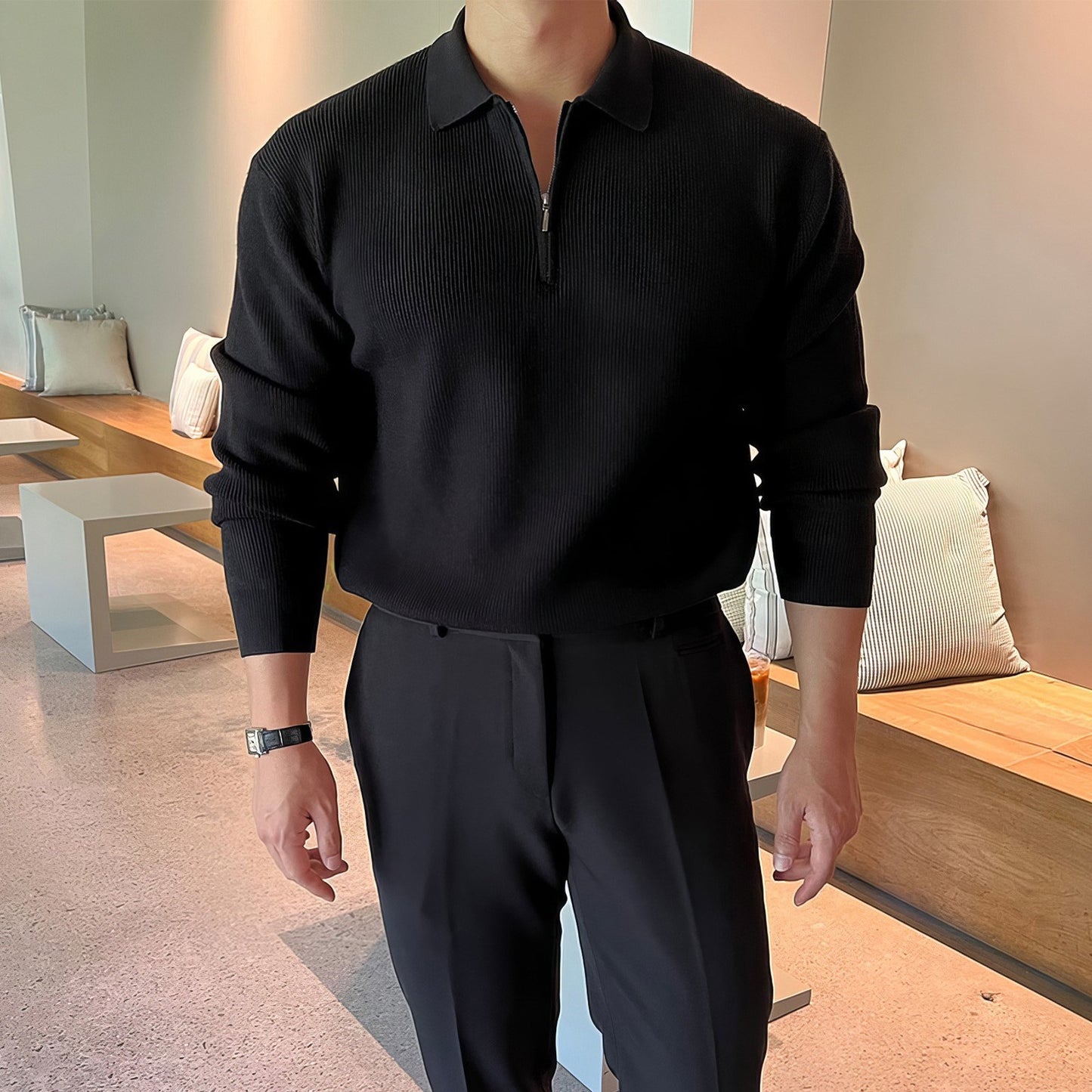 Gray Long-sleeved Knitted POLO Shirt For Men In Autumn