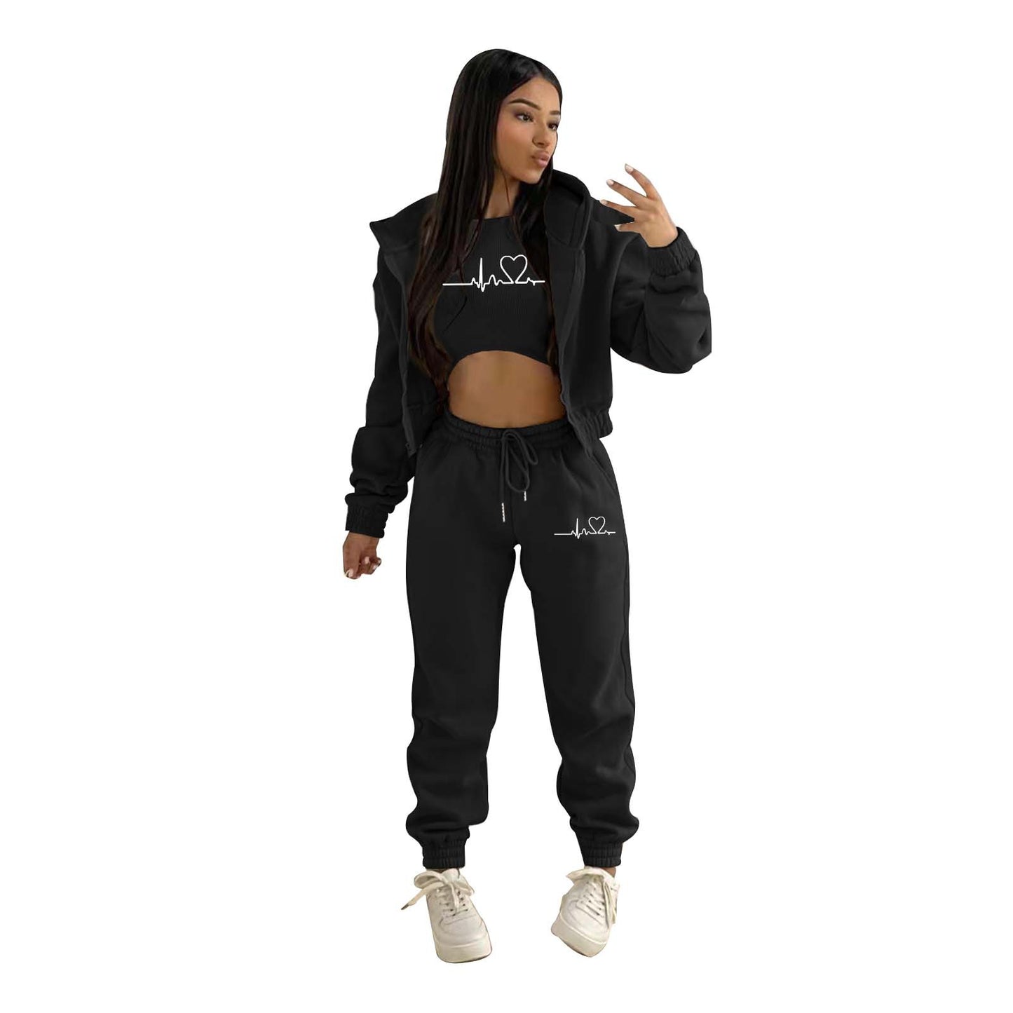European And American Fashion Women's Wear Brushed Hoody Hooded Letter-print Casual Suit Three-piece Set