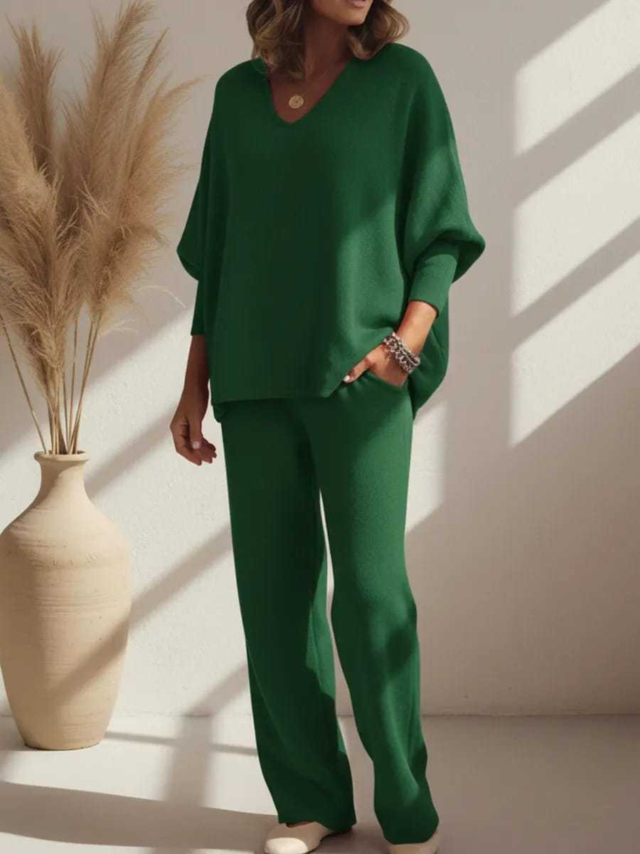 V-neck Long-sleeved Top Knitted Home Pants Suit 2-piece Set