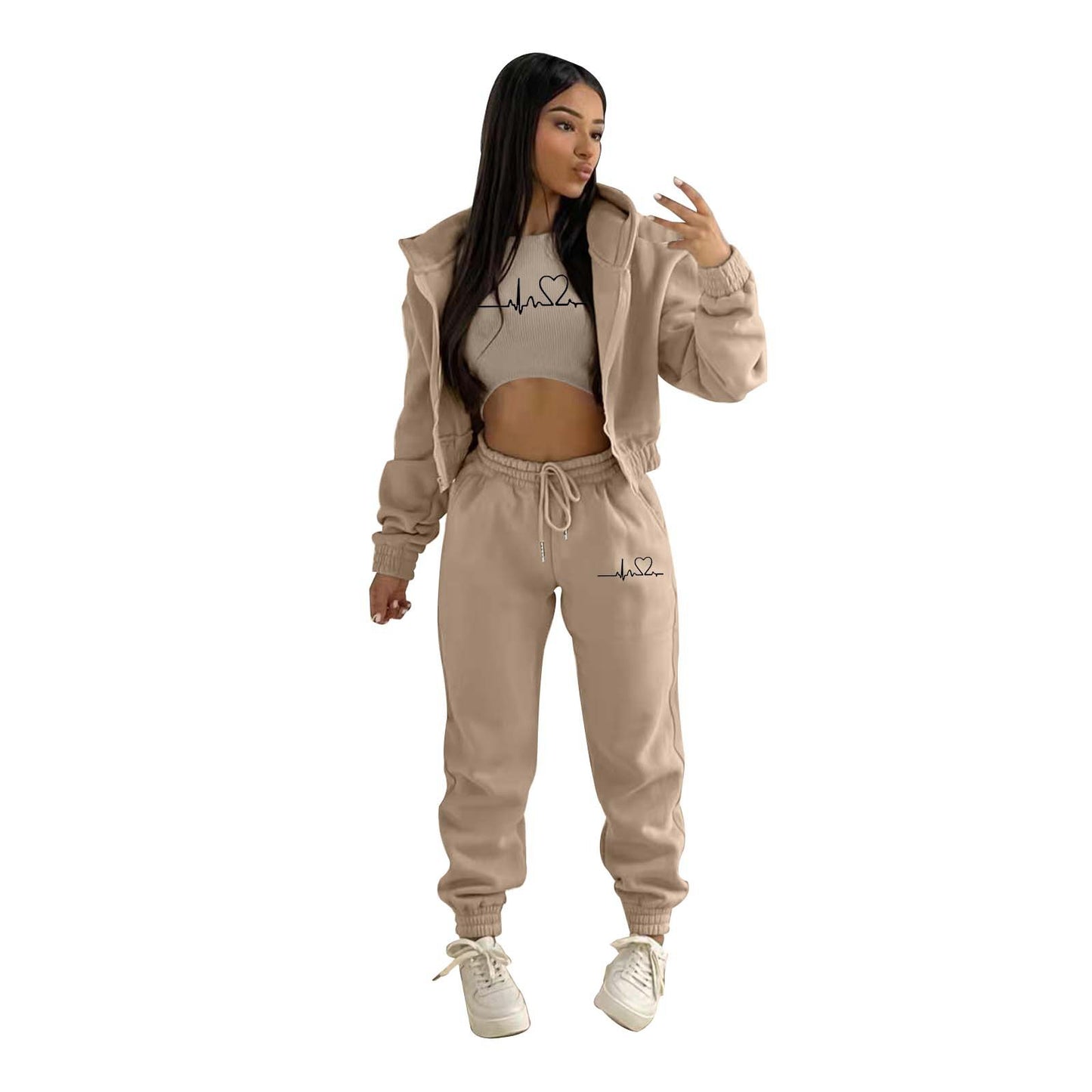 European And American Fashion Women's Wear Brushed Hoody Hooded Letter-print Casual Suit Three-piece Set
