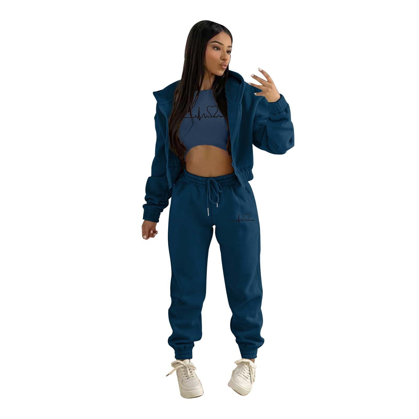 European And American Fashion Women's Wear Brushed Hoody Hooded Letter-print Casual Suit Three-piece Set