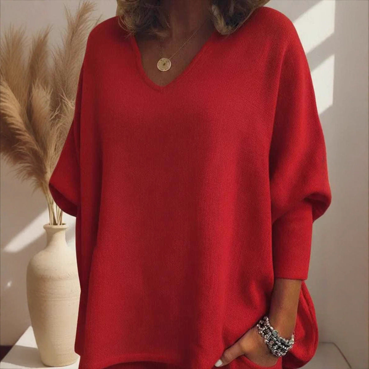 V-neck Long-sleeved Top Knitted Home Pants Suit 2-piece Set