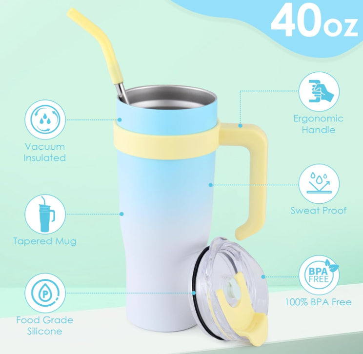 Tumbler With Handle Straw Lid Insulated Vacuum Stainless Steel Travel Tapered Mug Gift Coffee Cup Holder Friendly Keep Cold Or Hot Sweat Proof Resuable
