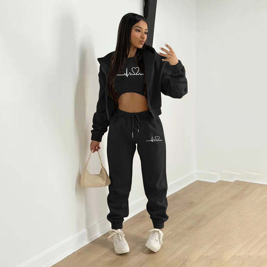 European And American Fashion Women's Wear Brushed Hoody Hooded Letter-print Casual Suit Three-piece Set