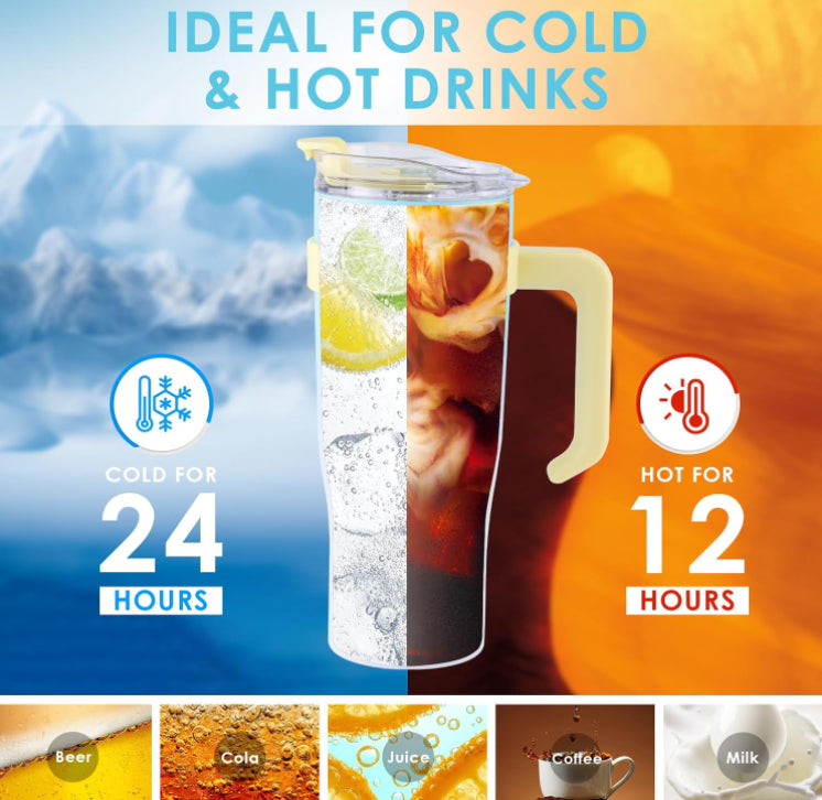 Tumbler With Handle Straw Lid Insulated Vacuum Stainless Steel Travel Tapered Mug Gift Coffee Cup Holder Friendly Keep Cold Or Hot Sweat Proof Resuable