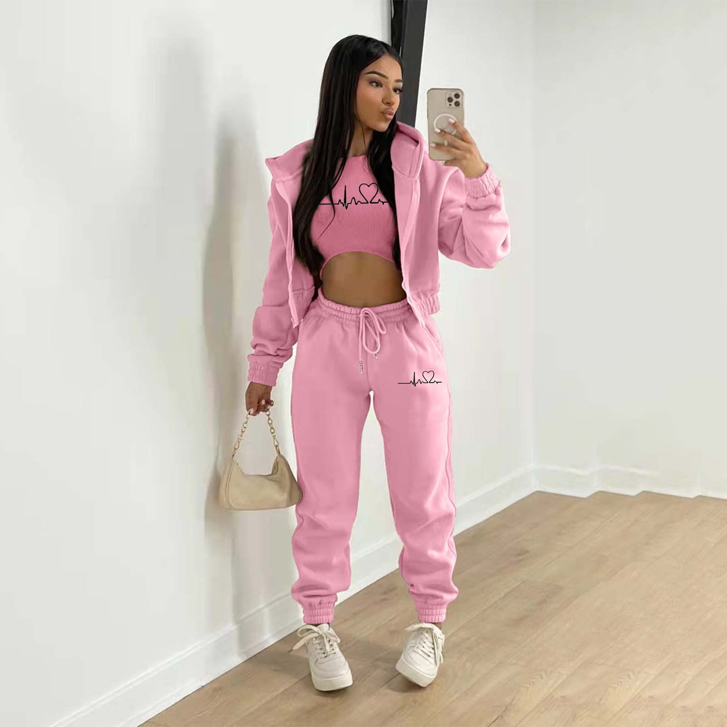 European And American Fashion Women's Wear Brushed Hoody Hooded Letter-print Casual Suit Three-piece Set