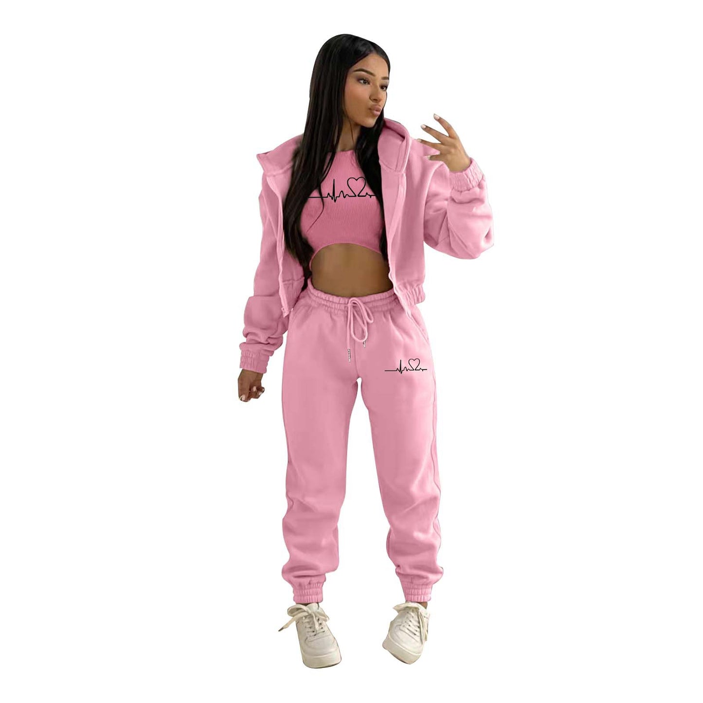 European And American Fashion Women's Wear Brushed Hoody Hooded Letter-print Casual Suit Three-piece Set
